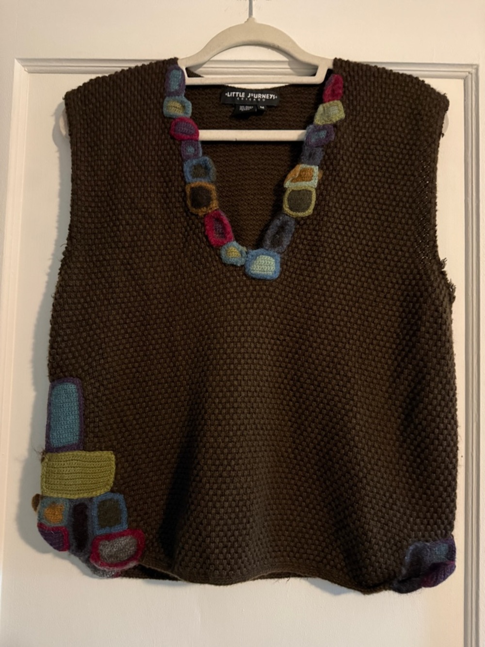 Little Journeys Chicago Alpaca Blend Boho Crochet Sweater Vest Brown Medium